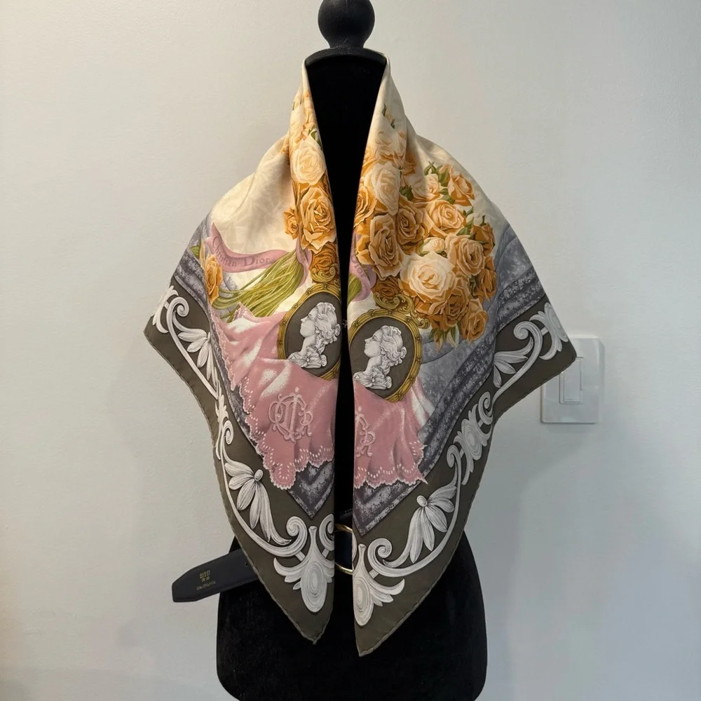 Authentic Christian Dior Silk Scarf with Orange and Gray Accents - Picture 5 of 10